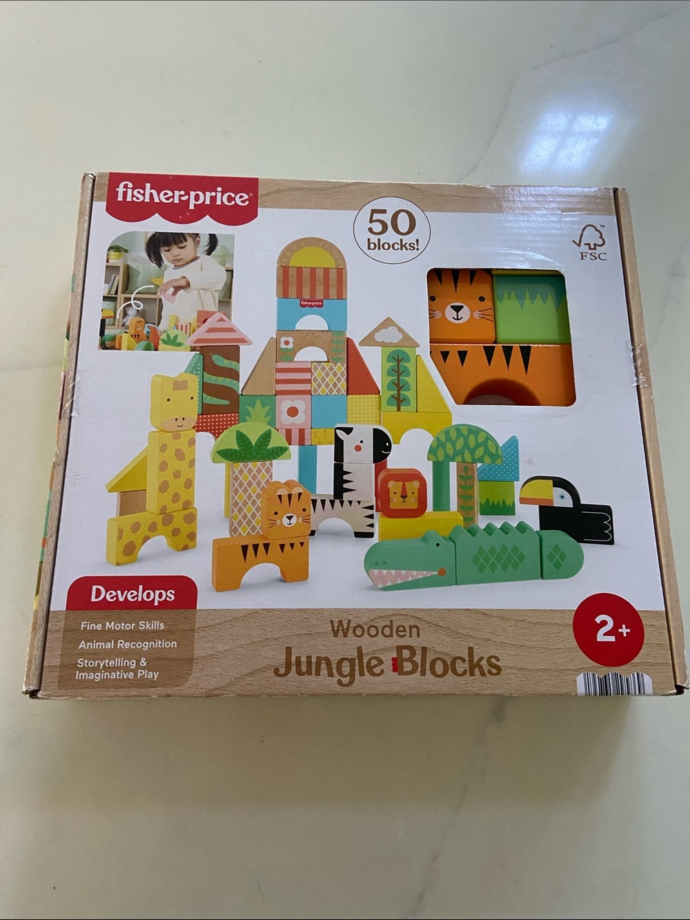 Fisher-Price Wooden Jungle Blocks - Yellow, Green, Orange, Blue, Black